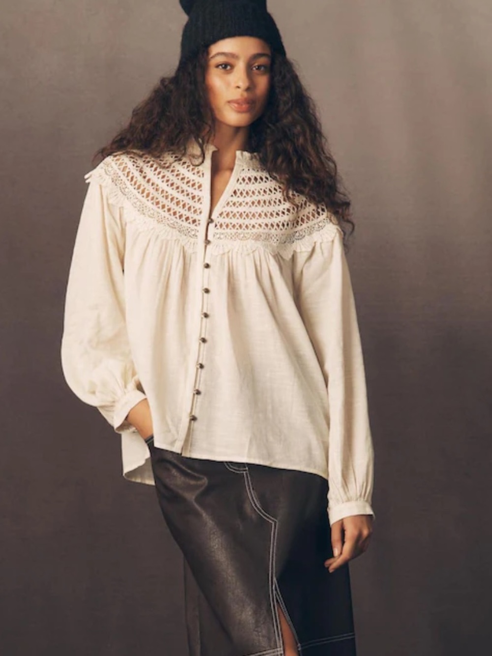 Anthropologie Cream Crochet Yoke Button-Front Blouse